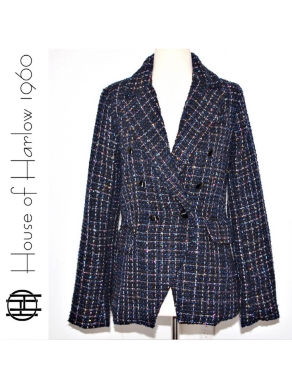 House of Harlow 1960 Double Breasted Shimmering Metallic Navy Tweed Blazer